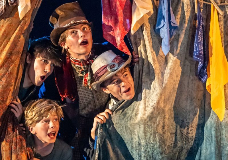 Billy Jenkins as the Artful Dodger, Jack Philpott as Oliver, Lochlan White as Charley Bates, Harry Cross as Dandy