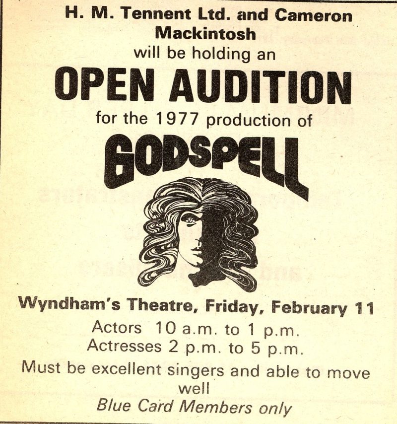 Open Audition advert for new cast members, as appeared in The Stage newspaper, 10 February