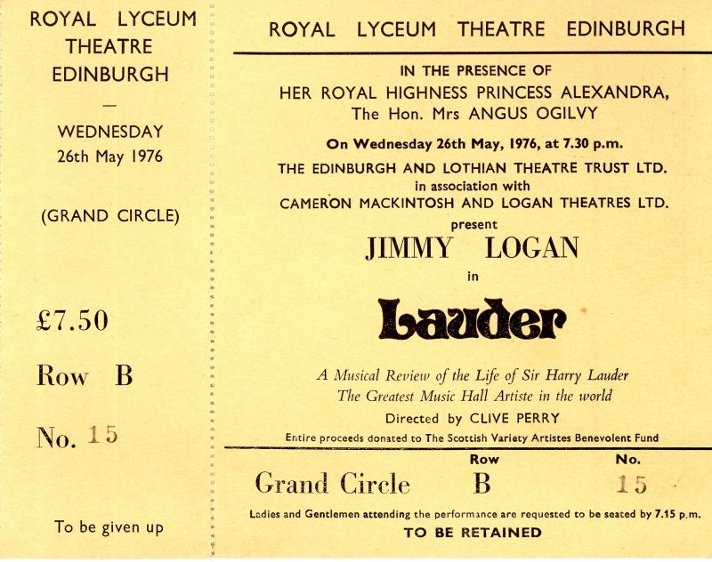 Ticket for the Royal Performance of Lauder at the Royal Lyceum Theatre, Edinburgh, 26 May 1976 in the presence of Her Royal Highness Princess Alexandra