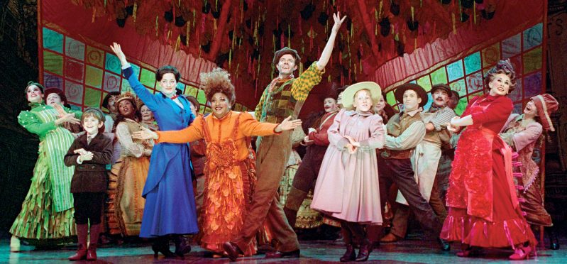 Melanie La Barrie as Mrs Corry, with Laura Michelle Kelly as Mary Poppins and Gavin Lee as Bert, in Mary Poppins, London
