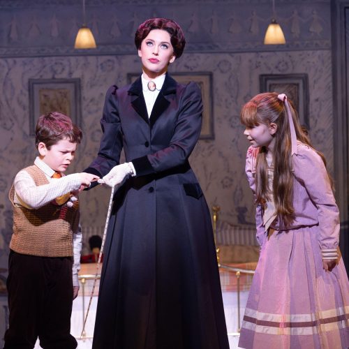 Stefanie Jones as Mary Poppins, Charlie Donald as Michael Banks and Florence Swann as Jane Banks. Mary Poppins UK & Ireland Tour. Photo by Danny Kaan